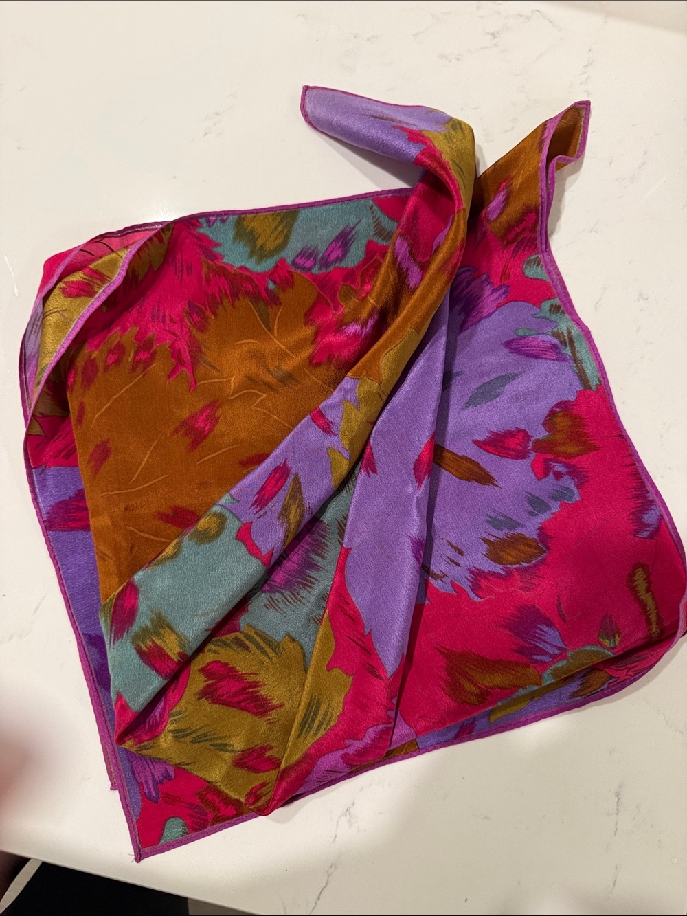 Silk Floral Print Square Scarf - Pink & Purple